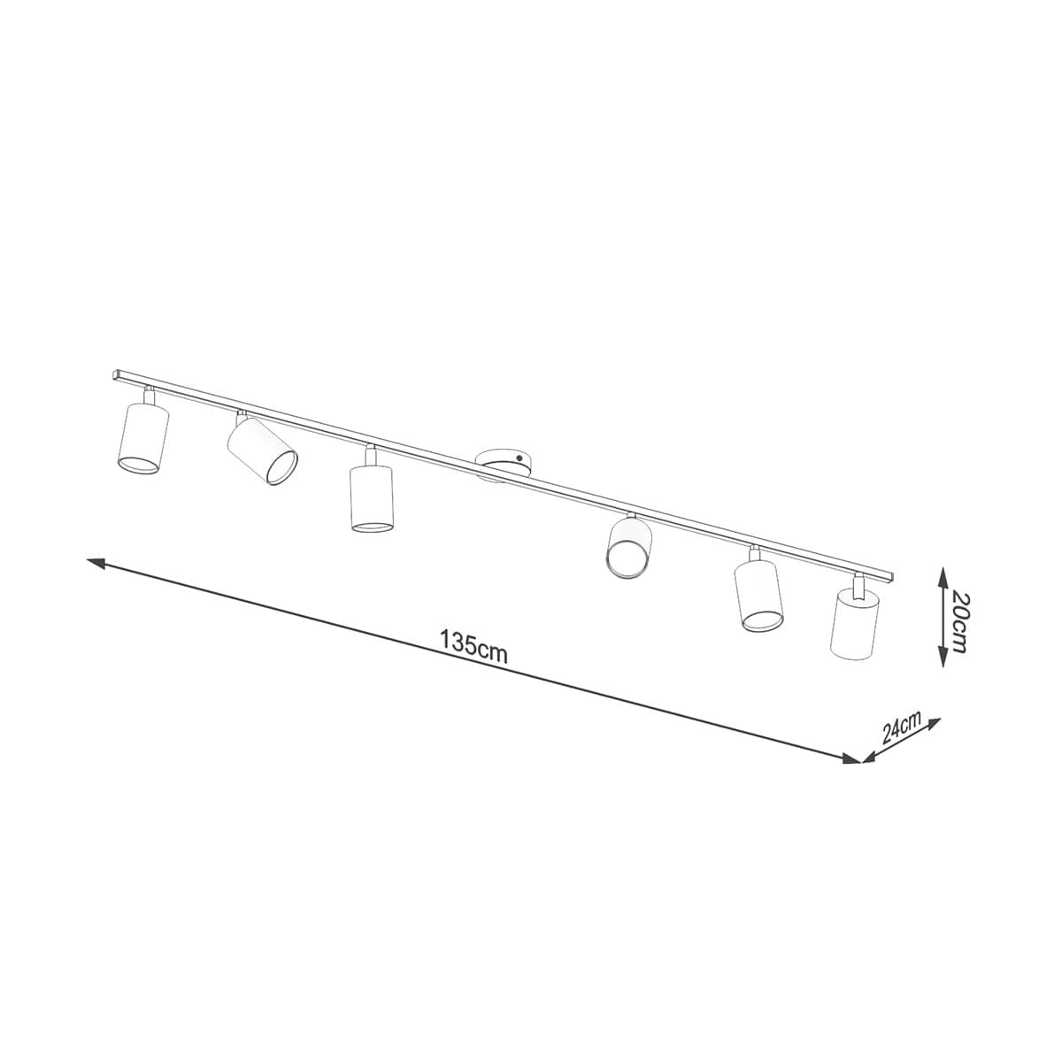 Lemmi lampa sufitowa (spot) w kolorze czarnym, z sześcioma oprawami na żarówki GU10. Długość 135 cm, wysokość 20 cm, szerokość 24 cm. Ujęcie z boku, ukazujące prostą konstrukcję i kątowe ułożenie reflektorów.