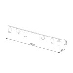 Lemmi lampa sufitowa (spot) w kolorze czarnym, z sześcioma oprawami na żarówki GU10. Długość 135 cm, wysokość 20 cm, szerokość 24 cm. Ujęcie z boku, ukazujące prostą konstrukcję i kątowe ułożenie reflektorów.