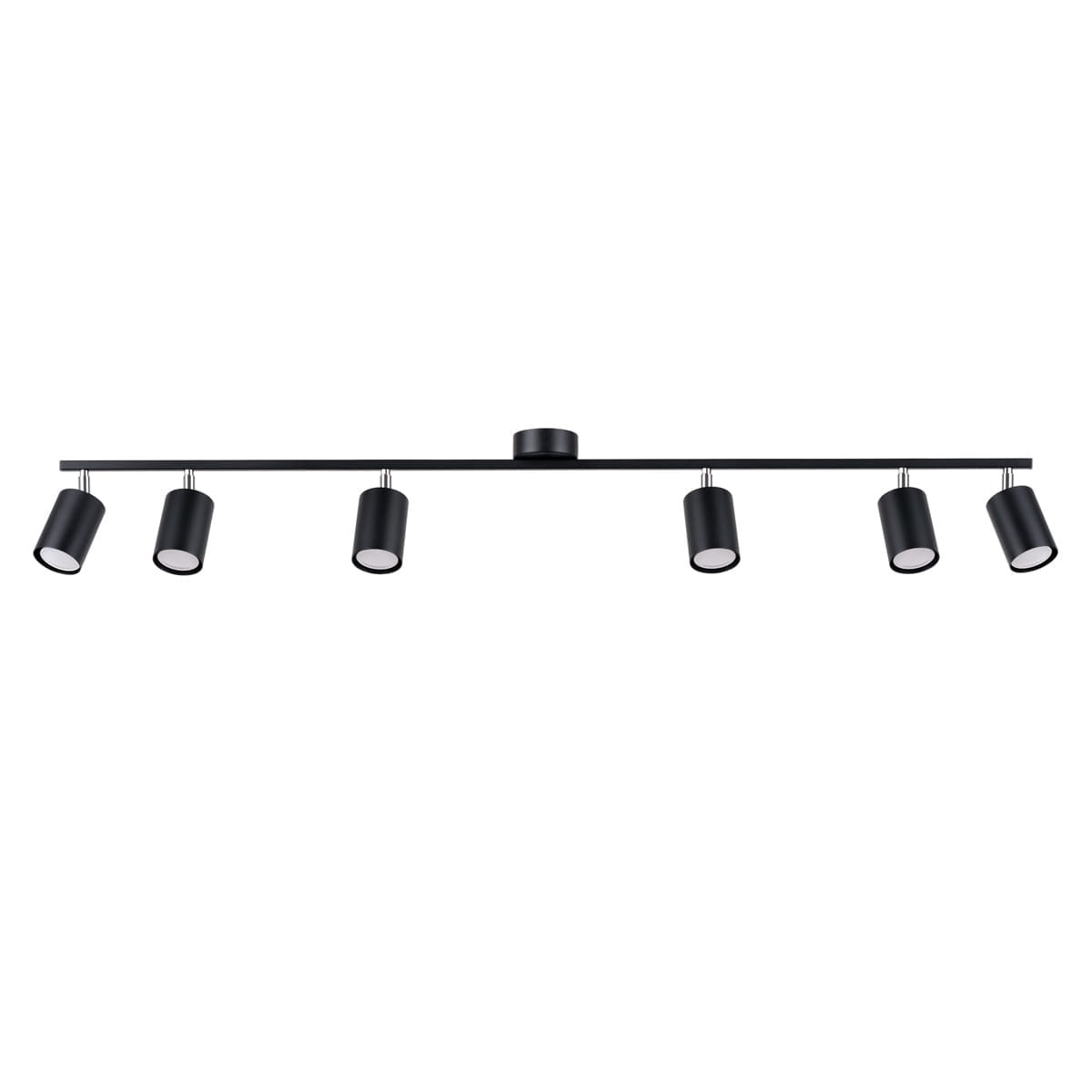 Czarna lampa sufitowa Lemmi z sześcioma spotami GU10, zamontowana na prostokątnej podstawie. Lampy mają cylindryczny kształt i są zawieszone na metalowych uchwytach, skierowane w różne strony. Prosta konstrukcja idealna do nowoczesnych wnętrz.