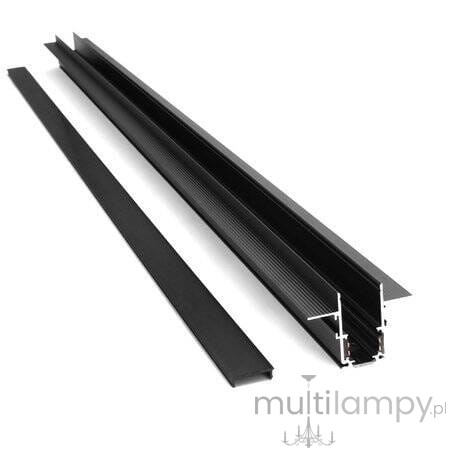 Czarna szyna magnetyczna podtynkowa o długości 100 cm, wykonana z materiału gips-karton. Widoczna zewnętrzna krawędź oraz wewnętrzny rowek dla montażu. Obok szyny leży dodatkowy element montażowy.