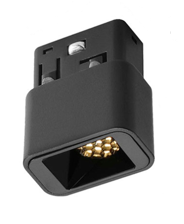 Soczewka LED do szyny magnetycznej 2W/3000K w kolorze czarnym, prostokątna, z widoczną złotą siatką diod, montowana w systemie szynowym. Produkt widoczny w ujęciu frontalnym.