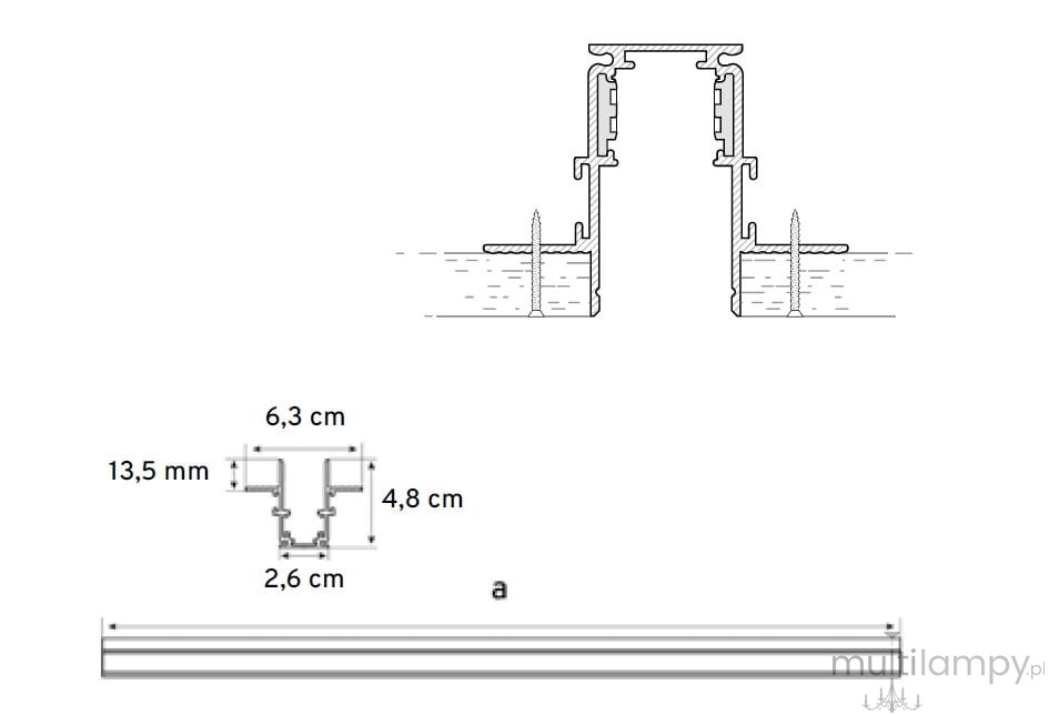 Szyna magnetyczna podtynkowa gips-karton, czarna, długość 100 cm. Widok z boku oraz z góry, z wymiarami: szerokość 6,3 cm, wysokość 4,8 cm, grubość 13,5 mm, głębokość 2,6 cm. Zastosowanie w instalacjach sufitowych.