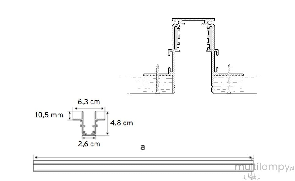 Podtynkowa szyna magnetyczna gips-kartonowa, biała, o długości 150 cm. Zarysowana w przekroju z wymiarami: szerokość 6,3 cm, wysokość 4,8 cm, głębokość 2,6 cm oraz grubość 10,5 mm. Przeznaczona do montażu w systemach gipsowo-kartonowych.