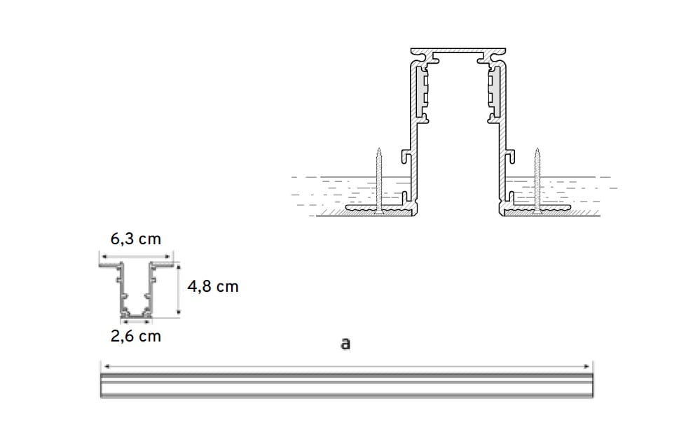 Czarna szyna magnetyczna podtynkowa o długości 100 cm, przeznaczona do gips-kartonu. Wymiary profilu: 6,3 cm wysokości, 4,8 cm szerokości, 2,6 cm głębokości. Widok z boku z detalami konstrukcyjnymi.