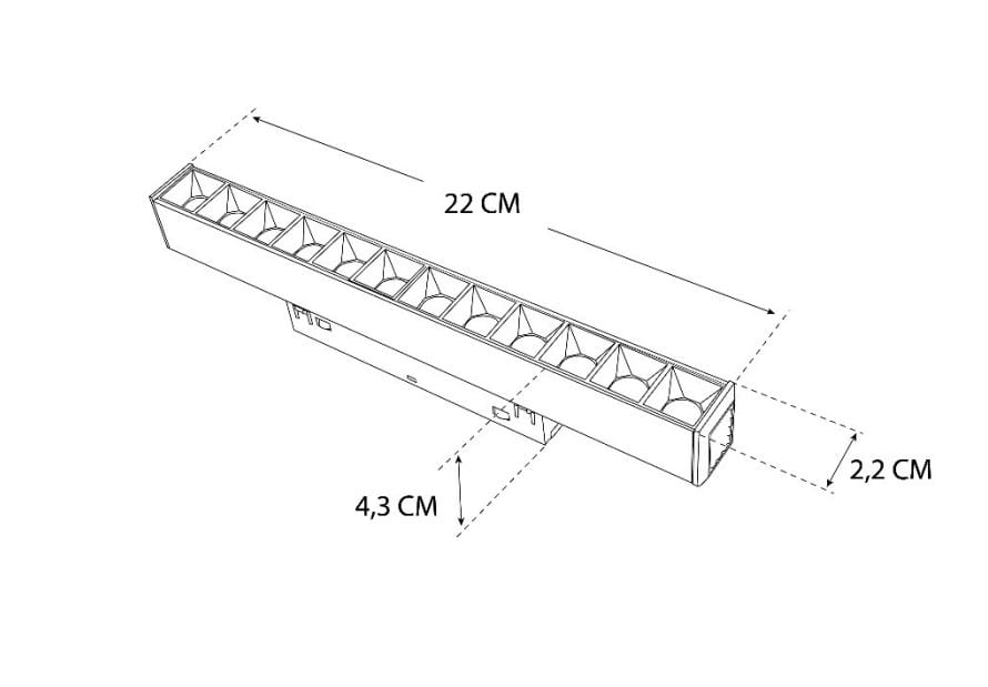 Lampa LED liniowa do szyny magnetycznej, biała, o wymiarach 22 cm długości, 4,3 cm szerokości i 2,2 cm wysokości. Posiada osiem źródeł światła, emitujących barwę 4000K. Ujęcie z góry, ukazujące szczegóły konstrukcji.