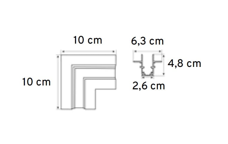 Łącznik kątowy do szyn magnetycznych podtynkowych, w kolorze czarnym. Wymiary: 10 cm x 10 cm z boku, 6,3 cm szerokości w górnej części, 4,8 cm wysokości oraz 2,6 cm głębokości. Prosty kształt, idealny do instalacji w systemach gips-karton.