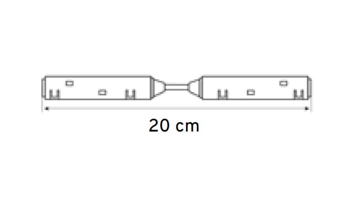 Łącznik elektryczny prosty do szyn magnetycznych w kolorze białym, o długości 20 cm, z widocznymi otworami montażowymi po obu stronach oraz złączem w centralnej części. Produkt leżący poziomo na tle.
