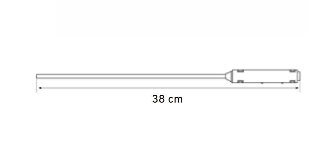Czarna końcówka do zasilania szyn magnetycznych o długości 38 cm. Produkt ma prostokątny kształt z widocznym złączem. Ujęcie z boku, pokazujące szczegóły konstrukcji. Tło proste, białe.