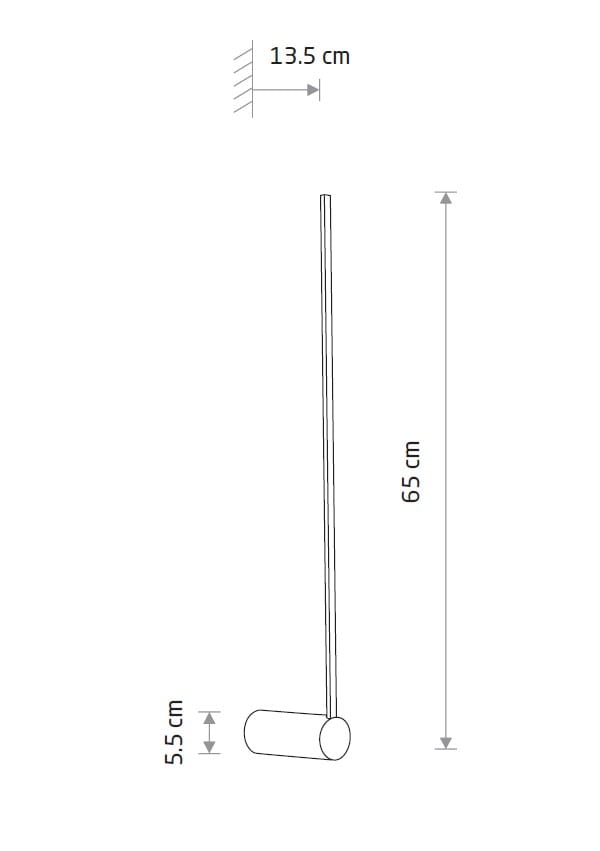 Kinkiet Arm 65 w kolorze czarnym, o wysokości 65 cm i średnicy 5,5 cm. Posiada jedną diodę LED o mocy 10W i temperaturze barwowej 3000K. Ujęcie z boku, pokazujące prosty, minimalistyczny design oraz wymiary.