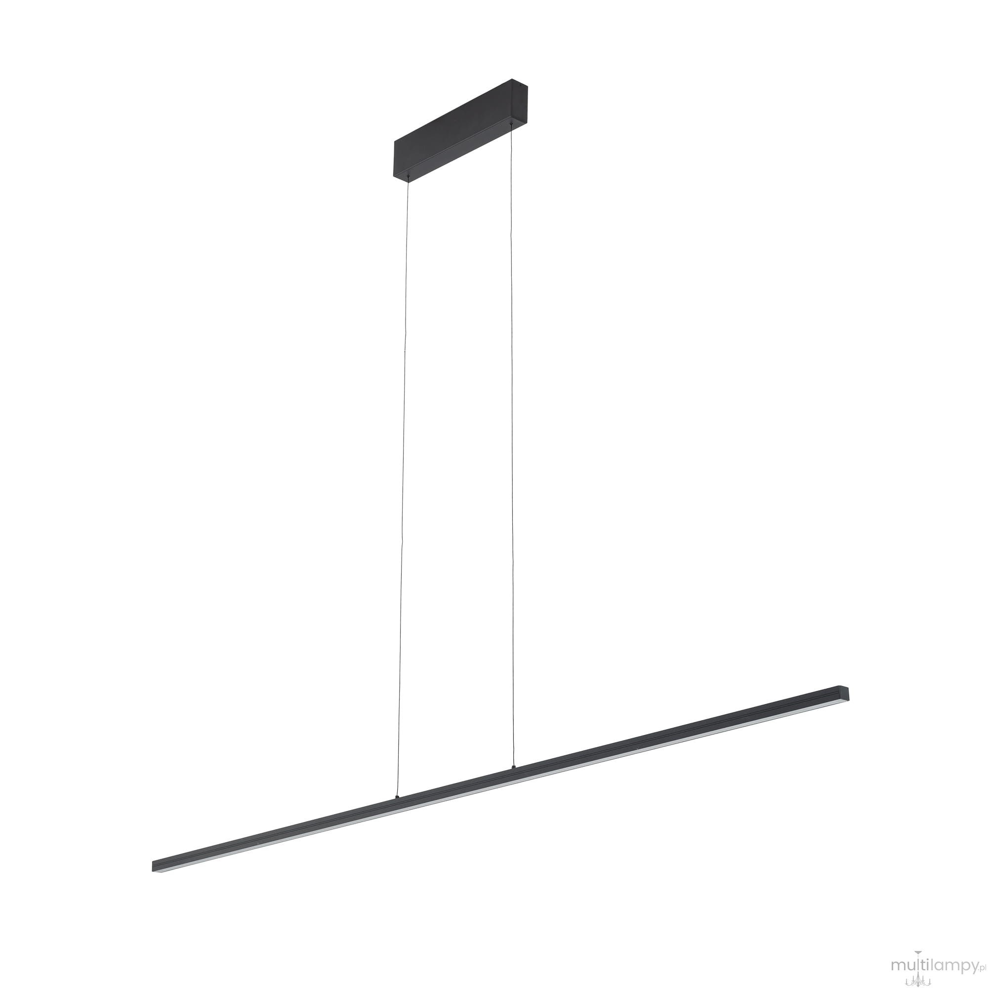 Lampa wisząca Bar L120 w kolorze czarnym, z jedną diodą LED o mocy 21W i temperaturze barwowej 3000K. Posiada prostokątną, cienką podstawę oraz długą, poziomą oprawę, zawieszoną na cienkich linkach.