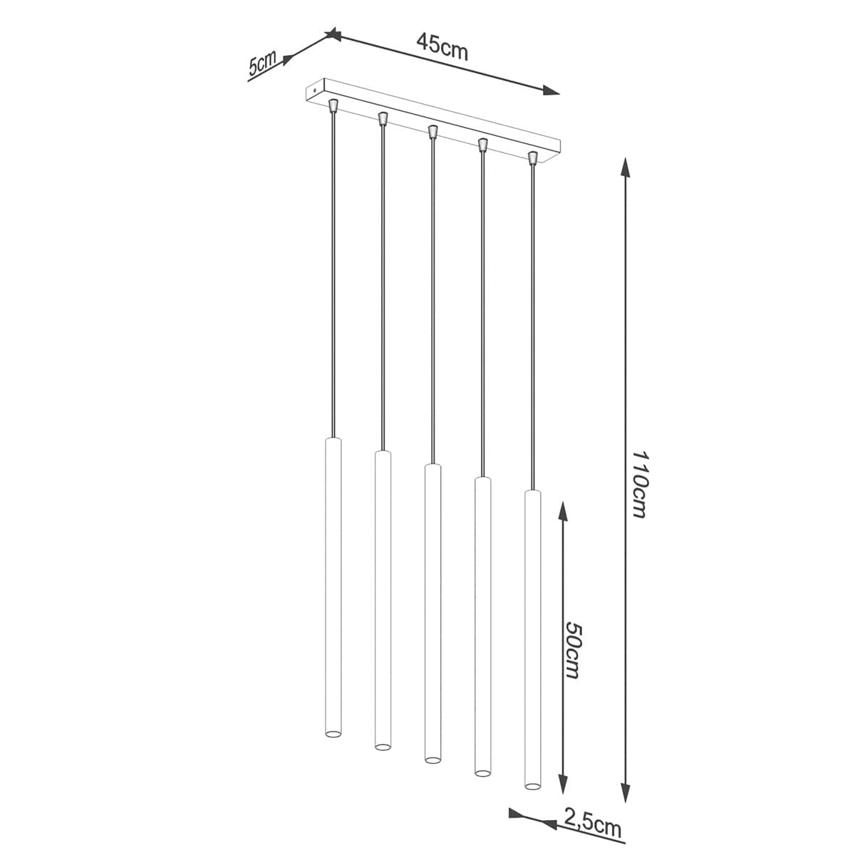 Lampa wisząca Pastelo 5xG9 w kolorze złotym, z pięcioma cylindrycznymi kloszami. Wymiary: długość 110 cm, szerokość 45 cm, głębokość 5 cm. Klosze zawieszone na cienkich linkach, idealna do nowoczesnych wnętrz.
