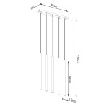 Lampa wisząca Pastelo 5xG9 w kolorze złotym, z pięcioma cylindrycznymi kloszami. Wymiary: długość 110 cm, szerokość 45 cm, głębokość 5 cm. Klosze zawieszone na cienkich linkach, idealna do nowoczesnych wnętrz.