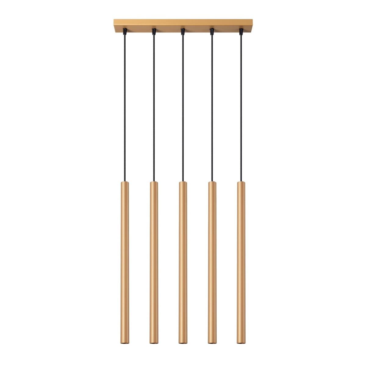 Lampa wisząca Pastelo 5xG9 w kolorze złotym, z pięcioma prostymi, cylindrycznymi elementami zawieszonymi na czarnych kablach. Górna część w formie prostokątnego uchwytu. Ujęcie frontalne.