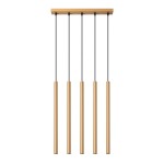 Lampa wisząca Pastelo 5xG9 w kolorze złotym, z pięcioma prostymi, cylindrycznymi elementami zawieszonymi na czarnych kablach. Górna część w formie prostokątnego uchwytu. Ujęcie frontalne.