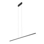 Lampa wisząca Bar L180 w kolorze czarnym, długość 180 cm, z jedną diodą LED o mocy 27W i temperaturze barwowej 4000K. Zawieszona na dwóch cienkich żyłkach, z prostokątnym elementem montażowym na górze.