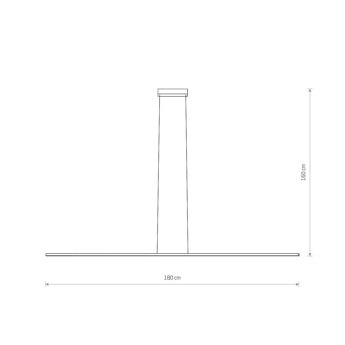 Czarna lampa wisząca Bar L180 o długości 180 cm, z jedną diodą LED o mocy 27W i temperaturze barwowej 4000K. Widok z boku, z prostokątnym kloszem i smukłym mocowaniem. Wymiary: wysokość 160 cm.