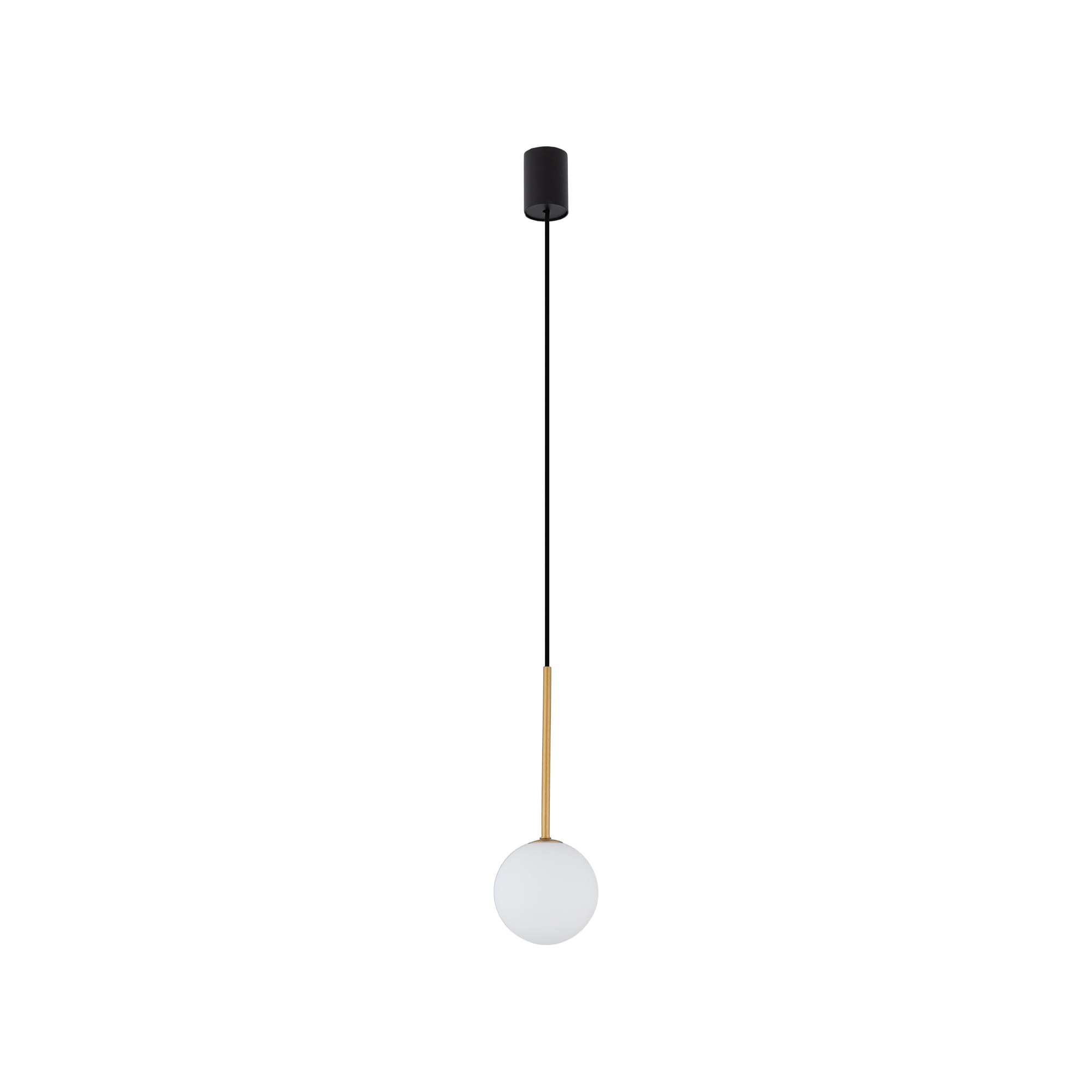 Lampa wisząca Karo 1xG9 w kolorze czarnym i złotym. Posiada okrągły klosz z białego szkła, zawieszony na cienkim, czarnym kablu. U góry znajduje się okrągły, czarny uchwyt montażowy. Produkt wisi w pozycji pionowej, na prostym, jednolitym tle.
