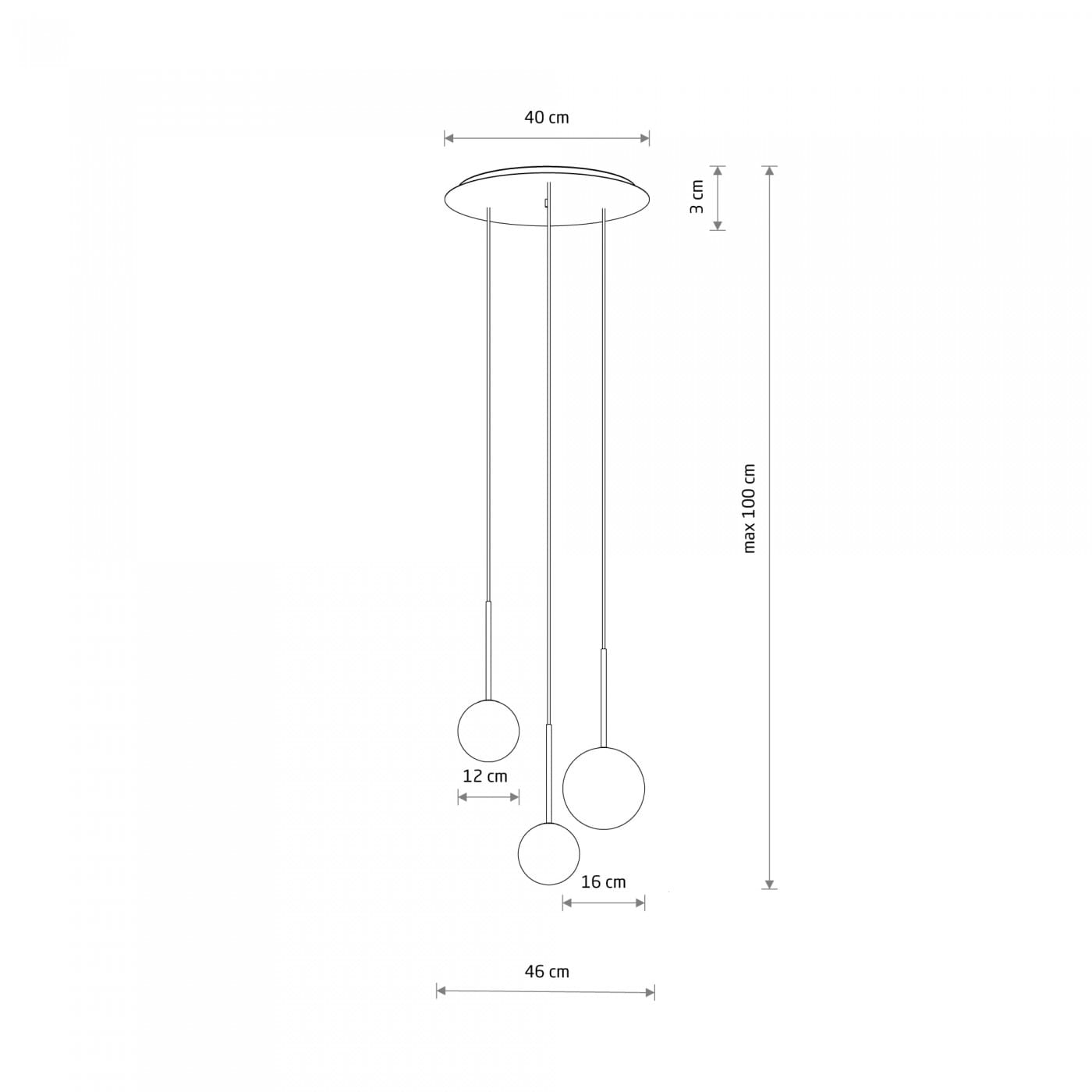 Lampa wisząca Karo w kolorze czarnym i złotym z trzema okrągłymi kloszami o średnicach 12 cm, 16 cm, zawieszona na cienkich linkach. Szerokość 40 cm, długość maksymalna 100 cm, montaż sufitowy. Idealna do nowoczesnych wnętrz.