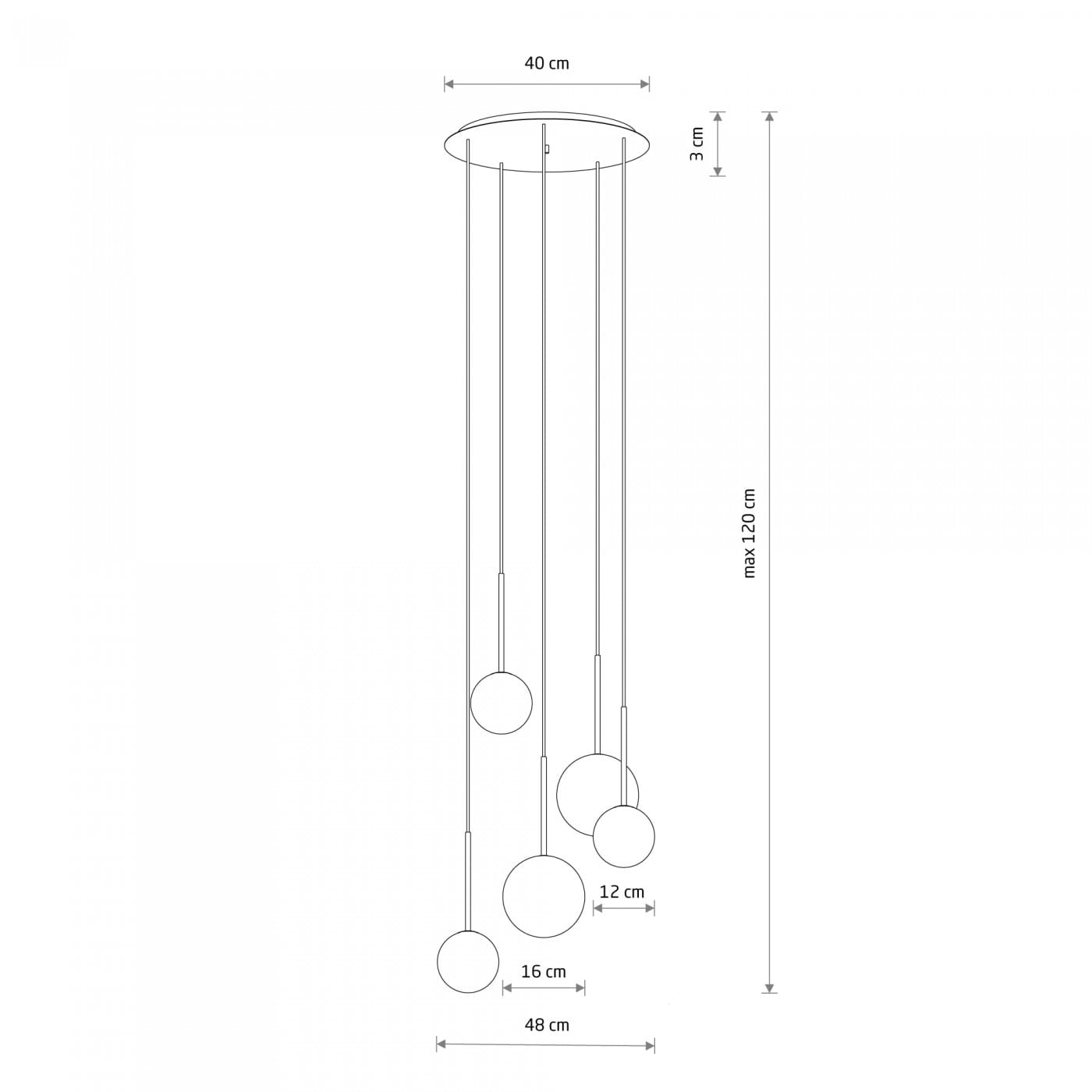 Lampa wisząca Karo w kolorze czarnym i złotym, z pięcioma źródłami światła G9. Posiada okrągły sufitowy uchwyt o średnicy 40 cm, z wiszącymi elementami o różnych średnicach: 12 cm, 16 cm, 20 cm i 24 cm, regulowana długość do 120 cm.