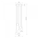 Lampa wisząca Karo w kolorze czarnym i złotym, z pięcioma źródłami światła G9. Posiada okrągły sufitowy uchwyt o średnicy 40 cm, z wiszącymi elementami o różnych średnicach: 12 cm, 16 cm, 20 cm i 24 cm, regulowana długość do 120 cm.