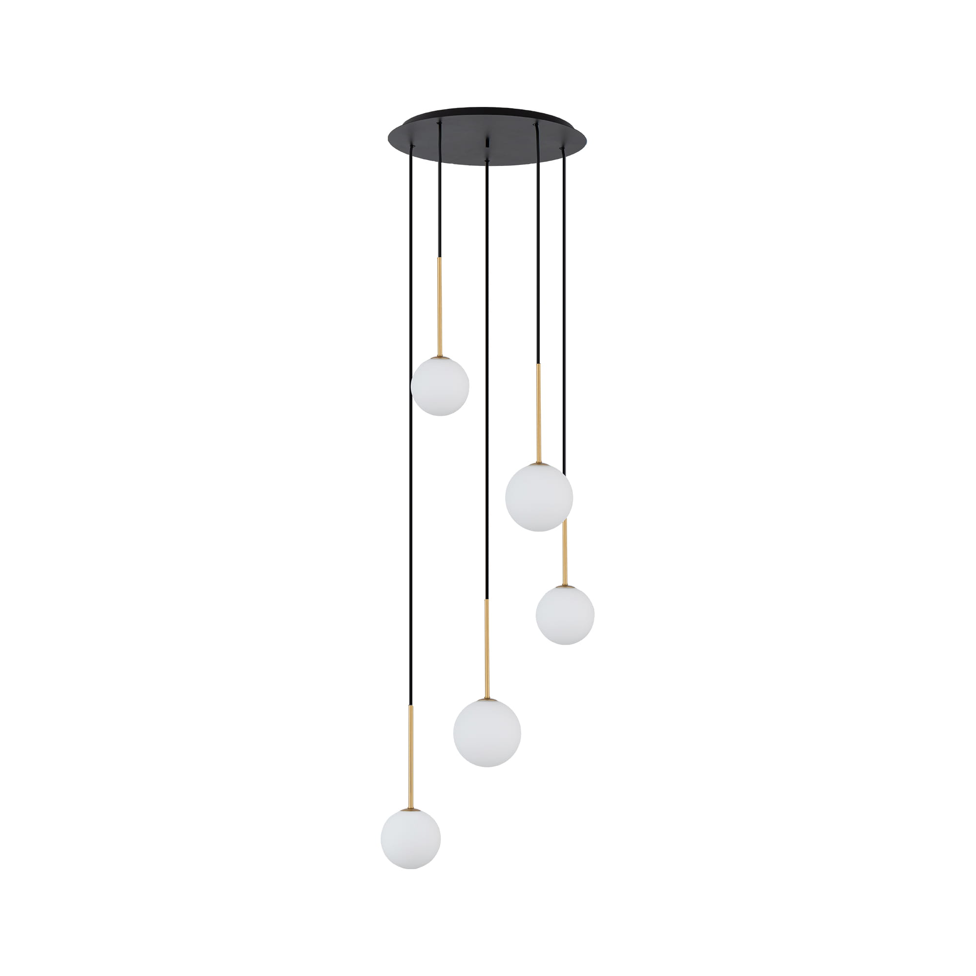 Lampa wisząca Karo z pięcioma kulistymi kloszami w kolorze białym, zawieszona na czarnych linkach z elementami w kolorze złotym. Ujęcie frontalne, produkt wiszący do zastosowania w nowoczesnych wnętrzach.