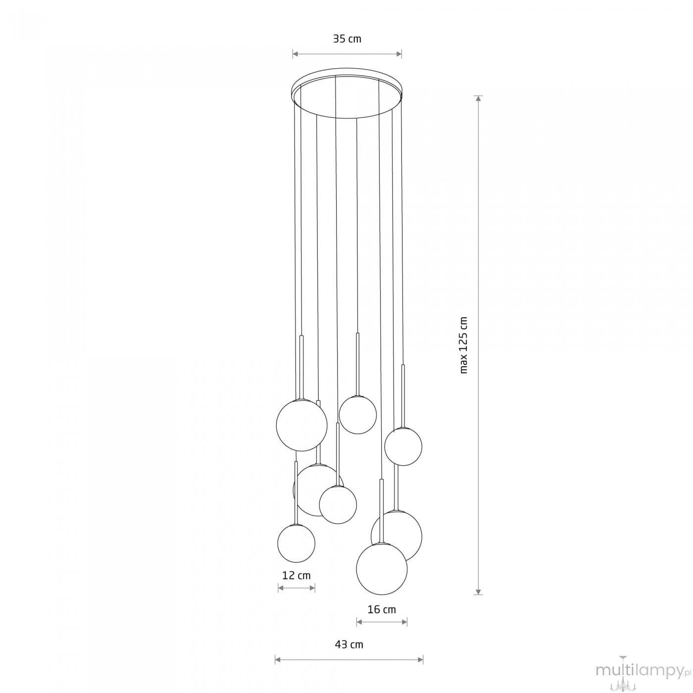 Lampa wisząca Karo w kolorze czarnym i złotym, 8 źródeł światła G9. Wymiary: średnica 35 cm, maksymalna wysokość 125 cm. Osiem okrągłych elementów o średnicach 12 cm i 16 cm zawieszonych na cienkich linkach.