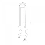 Lampa wisząca Karo w kolorze czarnym i złotym, 8 źródeł światła G9. Wymiary: średnica 35 cm, maksymalna wysokość 125 cm. Osiem okrągłych elementów o średnicach 12 cm i 16 cm zawieszonych na cienkich linkach.