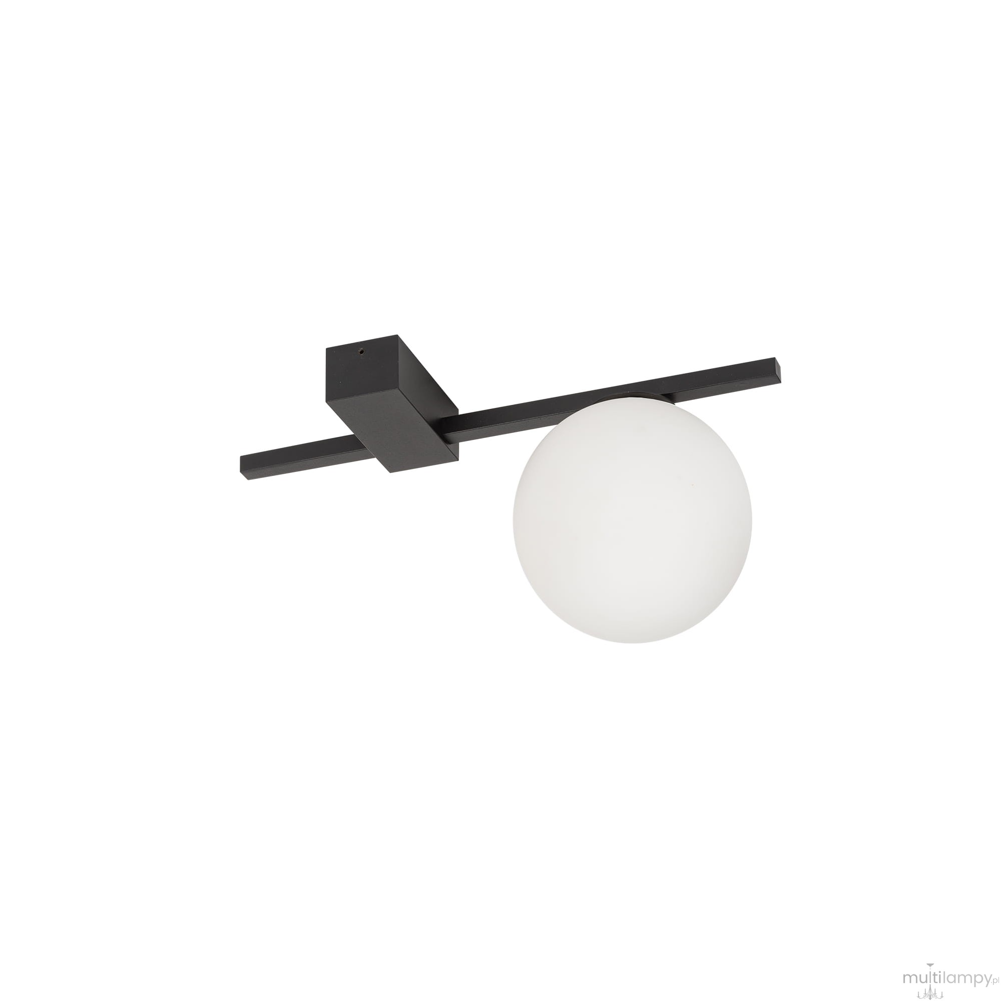 Lampa sufitowa Pik w kolorze czarnym z jednym źródłem światła G9. Produkt ma prostą, minimalistyczną konstrukcję z poziomą belką oraz okrągłą, mleczną kloszem. Ujęcie frontalne, na białym tle.