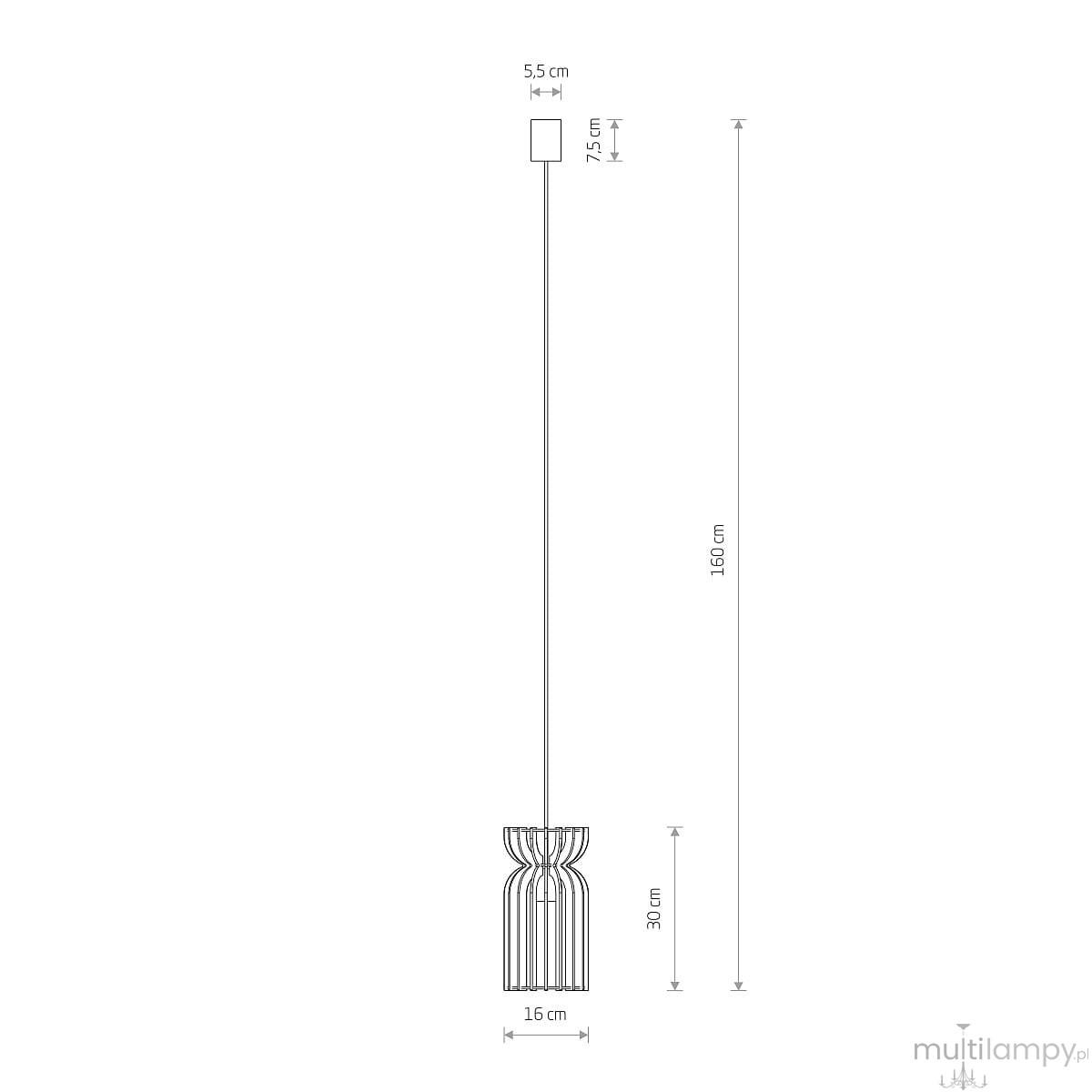 Lampa wisząca Kymi B w kolorze naturalnym, z oprawą na jedną żarówkę E27. Wymiary: wysokość całkowita 160 cm, szerokość 16 cm, długość klosza 30 cm. Prosta, elegancka forma z delikatnymi wyżłobieniami, zawieszona na cienkim przewodzie.