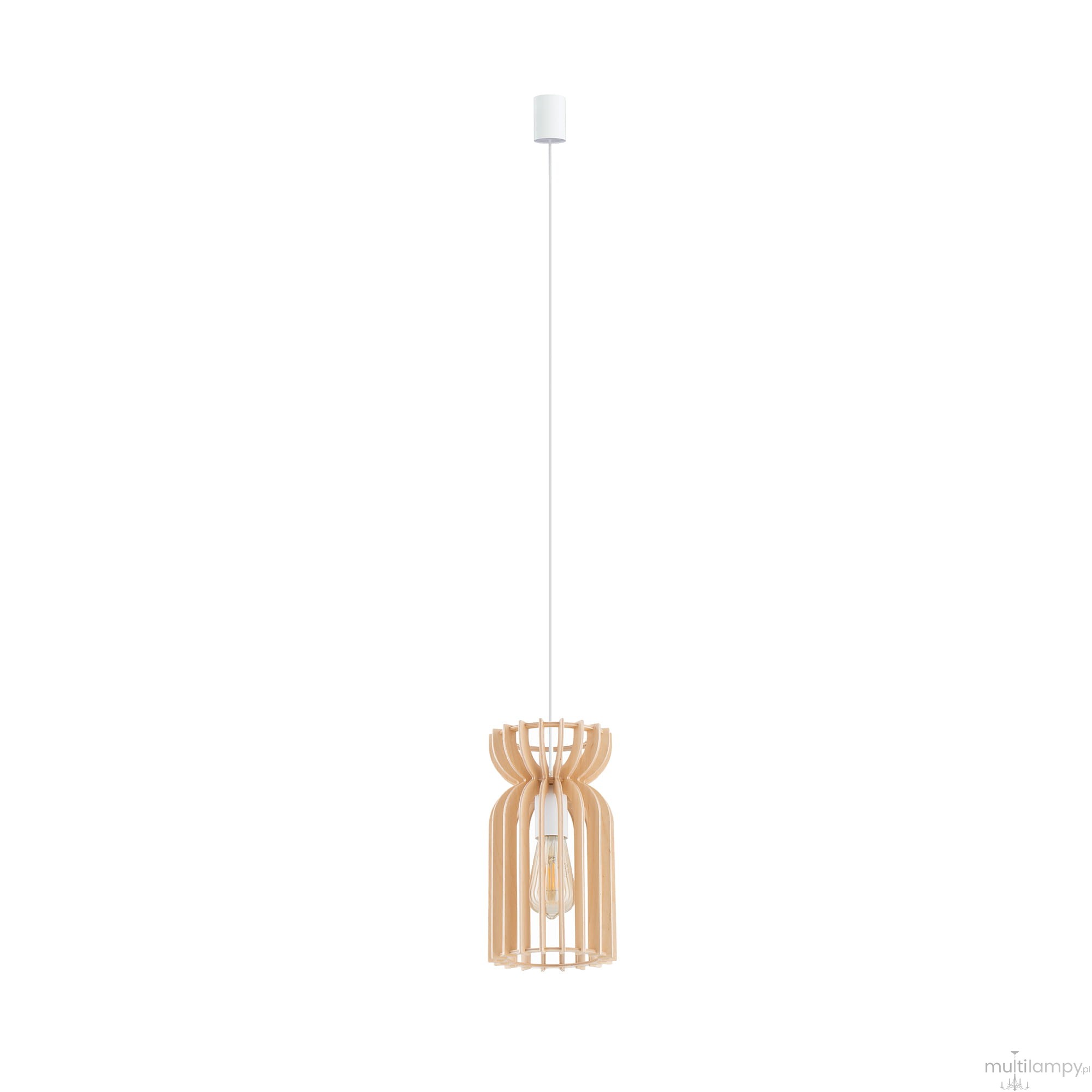 Lampa wisząca Kymi B w naturalnym kolorze, wykonana z drewna, z ażurowym kloszem w kształcie cylindrycznym. Zawieszona na białym przewodzie, z oprawką na żarówkę E27. Prosta forma, idealna do nowoczesnych wnętrz.