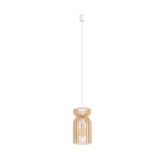 Lampa wisząca Kymi B w naturalnym kolorze, wykonana z drewna, z ażurowym kloszem w kształcie cylindrycznym. Zawieszona na białym przewodzie, z oprawką na żarówkę E27. Prosta forma, idealna do nowoczesnych wnętrz.