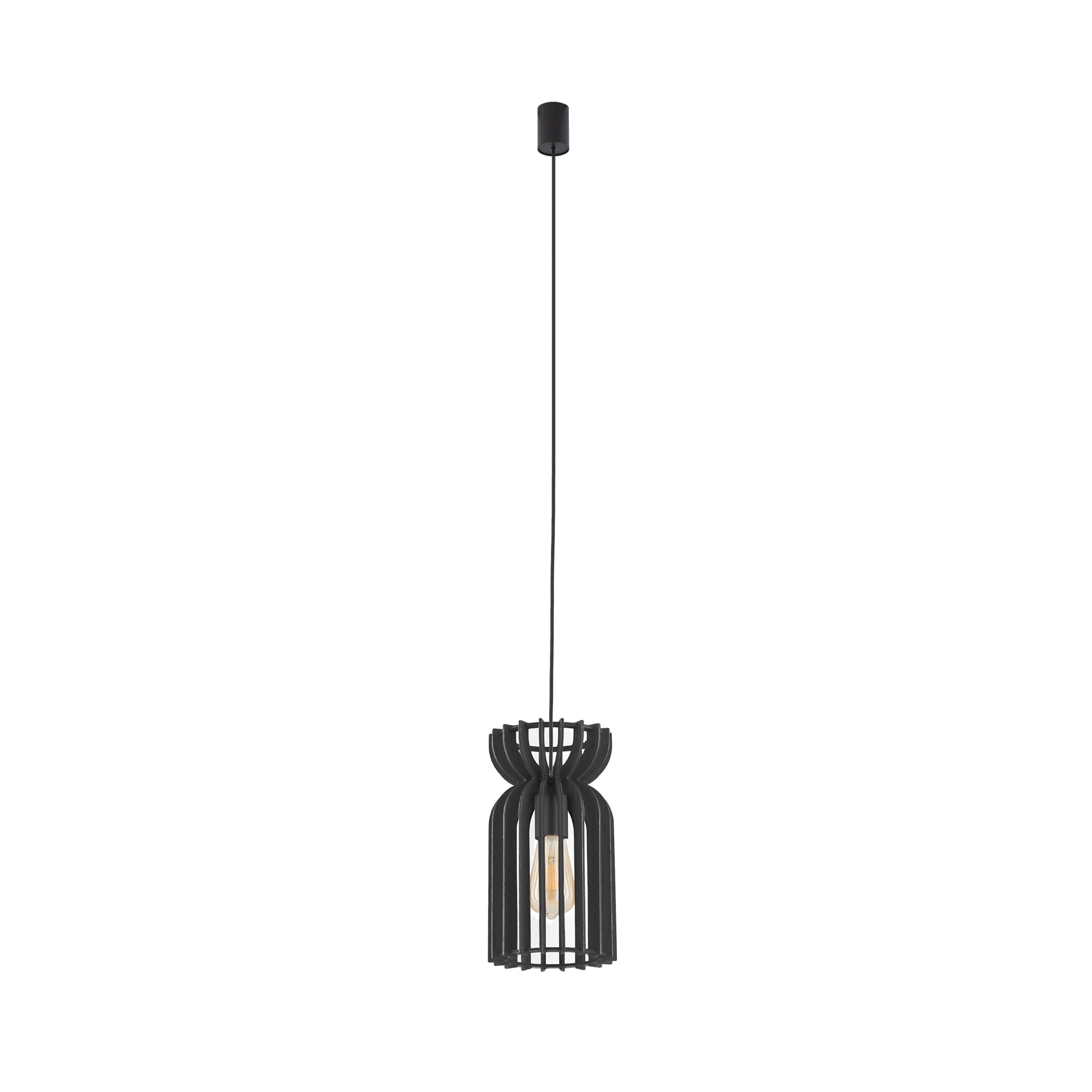 Lampa wisząca Kymi B w kolorze czarnym, wykonana z metalowych prętów, z miejscem na żarówkę E27. Produkt zwisający, o nowoczesnym designie, zawieszony na cienkim kablu, na jednolitym tle.