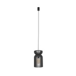 Lampa wisząca Kymi B w kolorze czarnym, wykonana z metalowych prętów, z miejscem na żarówkę E27. Produkt zwisający, o nowoczesnym designie, zawieszony na cienkim kablu, na jednolitym tle.