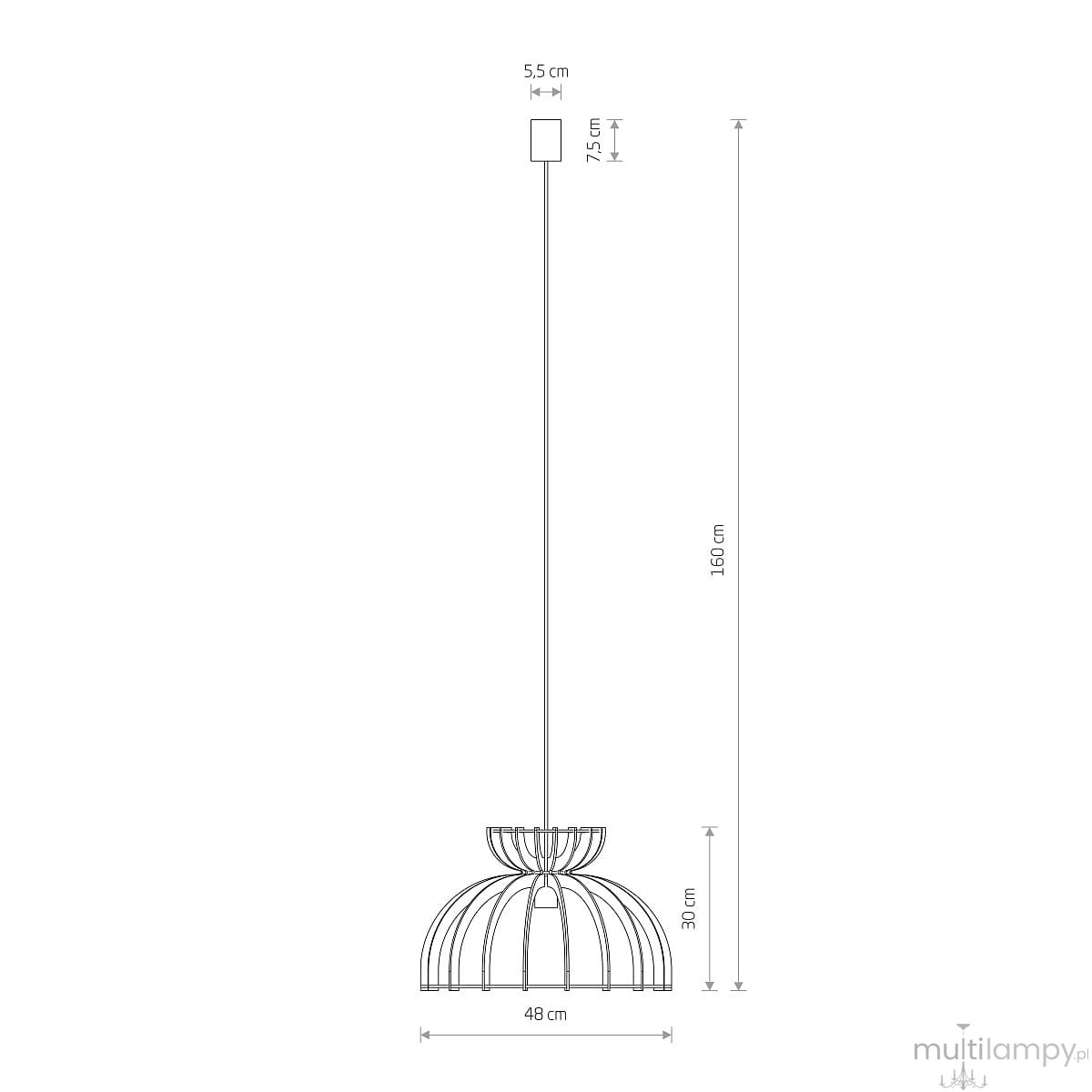 Lampa wisząca Kymi C z oprawą na 1 żarówkę E27, w kolorze czarnym. Posiada okrągłą, ażurową podstawę o średnicy 48 cm i wysokości 30 cm. Długość zawieszenia wynosi 160 cm, z kwadratowym elementem mocującym o wymiarach 5,5 x 7,5 cm.