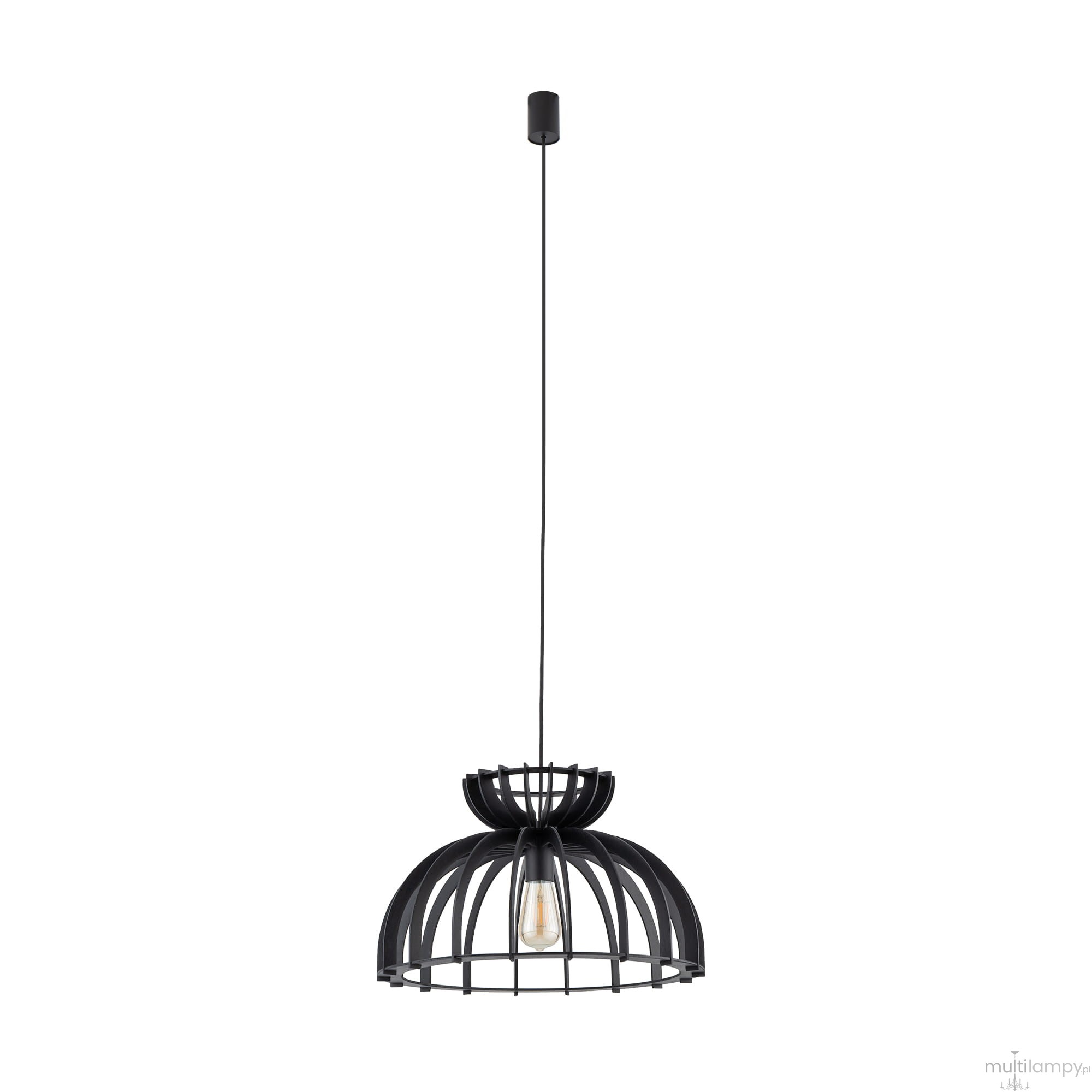 Czarna lampa wisząca Kymi C z kloszem o kształcie półkuli, wykonanym z metalowych prętów, z jednym gniazdem E27. Produkt zawieszony na cienkim, czarnym przewodzie, z minimalistycznym, okrągłym mocowaniem sufitowym.
