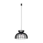 Czarna lampa wisząca Kymi C z kloszem o kształcie półkuli, wykonanym z metalowych prętów, z jednym gniazdem E27. Produkt zawieszony na cienkim, czarnym przewodzie, z minimalistycznym, okrągłym mocowaniem sufitowym.