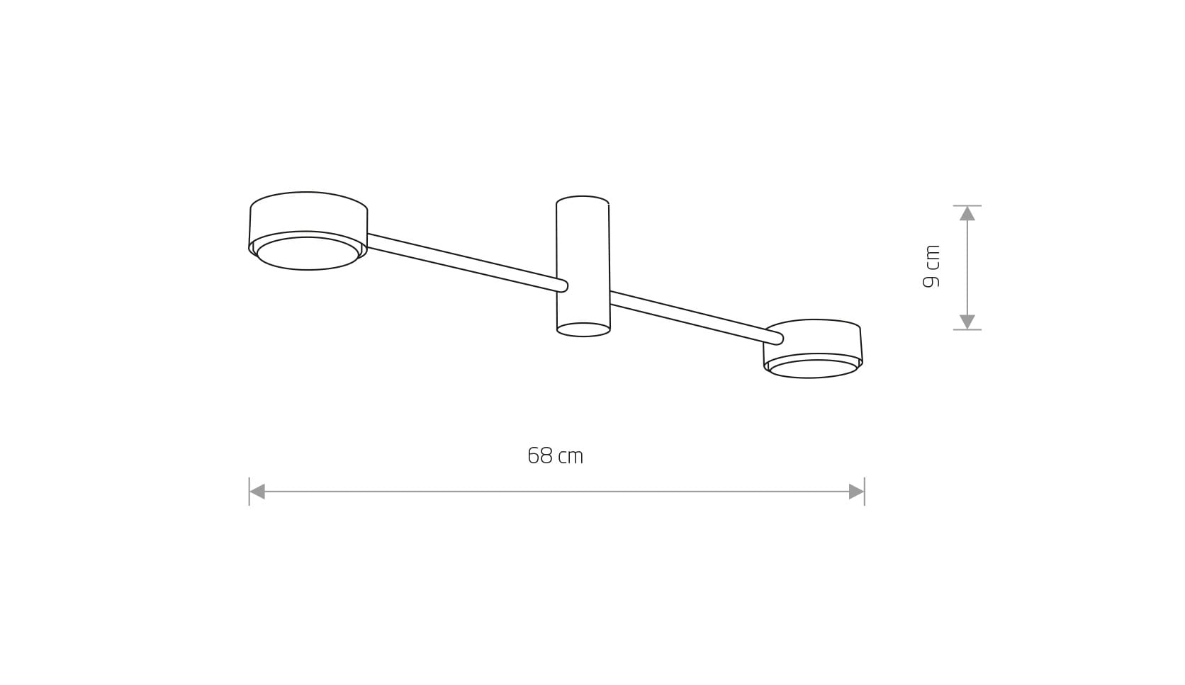 Lampa sufitowa Orbit w kolorze czarnym, z dwoma oprawami na żarówki GX53. Wymiary: długość 68 cm, wysokość 9 cm. Prosty, nowoczesny design z równą, minimalistyczną konstrukcją. Ujęcie z boku, ukazujące kształt i proporcje.