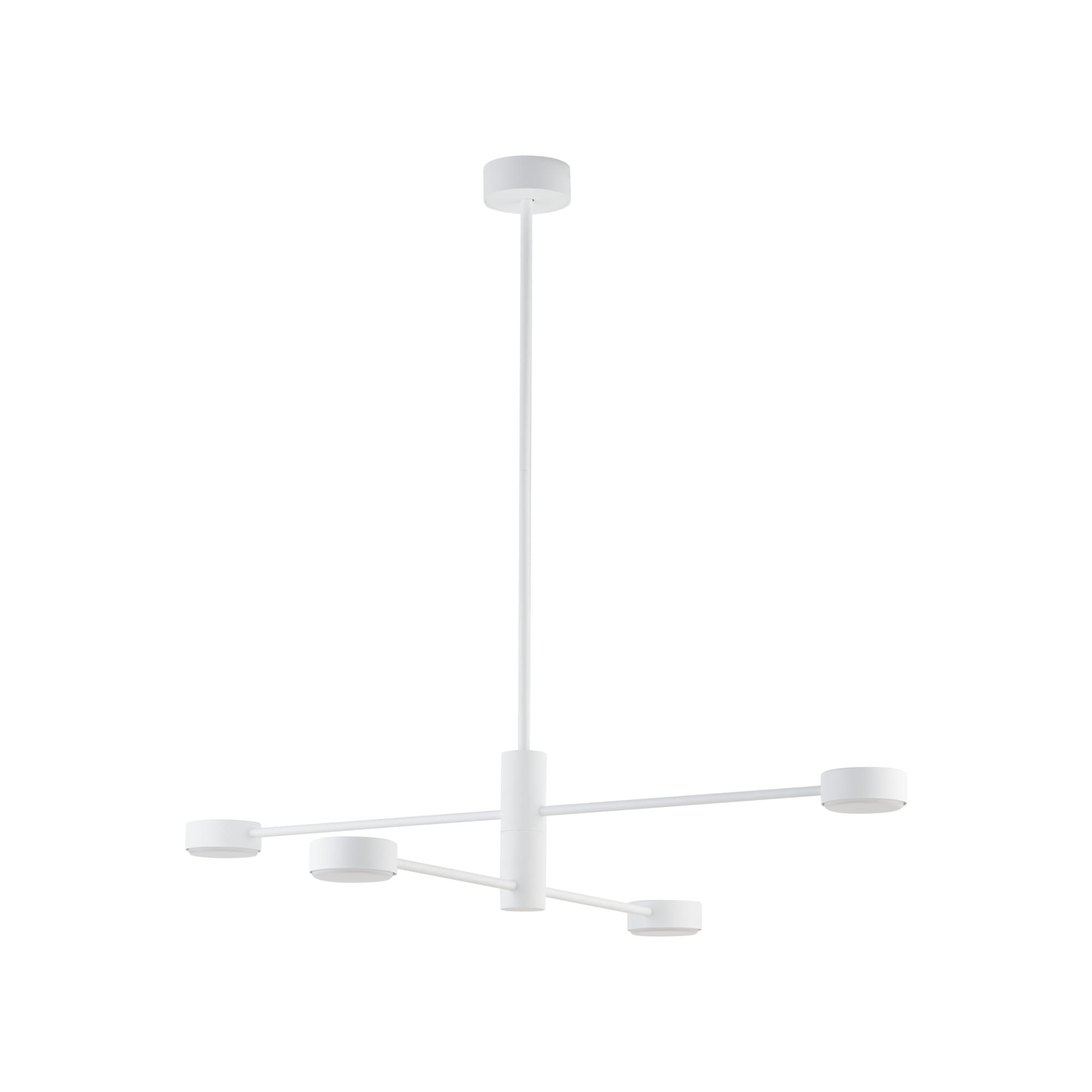 Lampa wisząca Orbit 4xGX53 w kolorze białym, składająca się z centralnej osi z czterema ramionami, na końcach których znajdują się okrągłe źródła światła. Prosta, nowoczesna konstrukcja zawieszona na cienkim przewodzie. Tło białe.