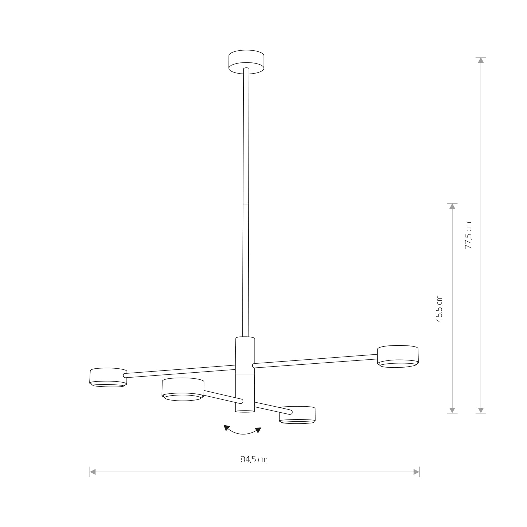 Lampa wisząca Orbit 4xGX53 w kolorze czarnym, o wymiarach 84,5 cm szerokości i 77,5 cm wysokości. Posiada cztery okrągłe klosze na końcach ramion, z centralnym mocowaniem, z możliwością regulacji kątów.