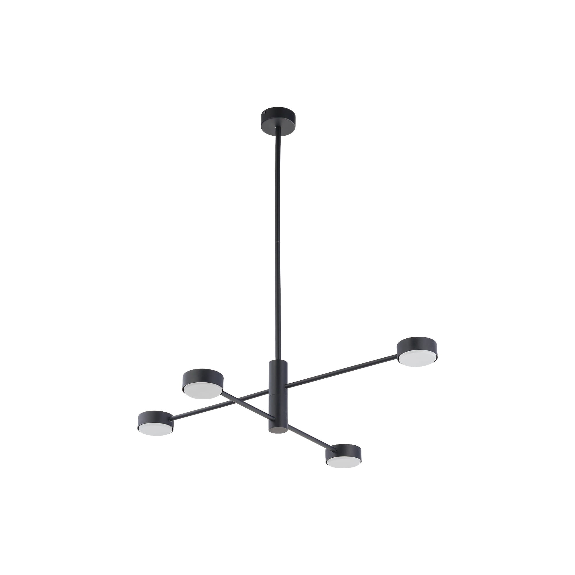 Czarna lampa wisząca Orbit z czterema okrągłymi kloszami na żarówki GX53, umieszczona na cienkim przewodzie. Lampa ma minimalistyczny design z prostymi liniami, zawieszona na jednolitym tle.