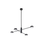 Czarna lampa wisząca Orbit z czterema okrągłymi kloszami na żarówki GX53, umieszczona na cienkim przewodzie. Lampa ma minimalistyczny design z prostymi liniami, zawieszona na jednolitym tle.