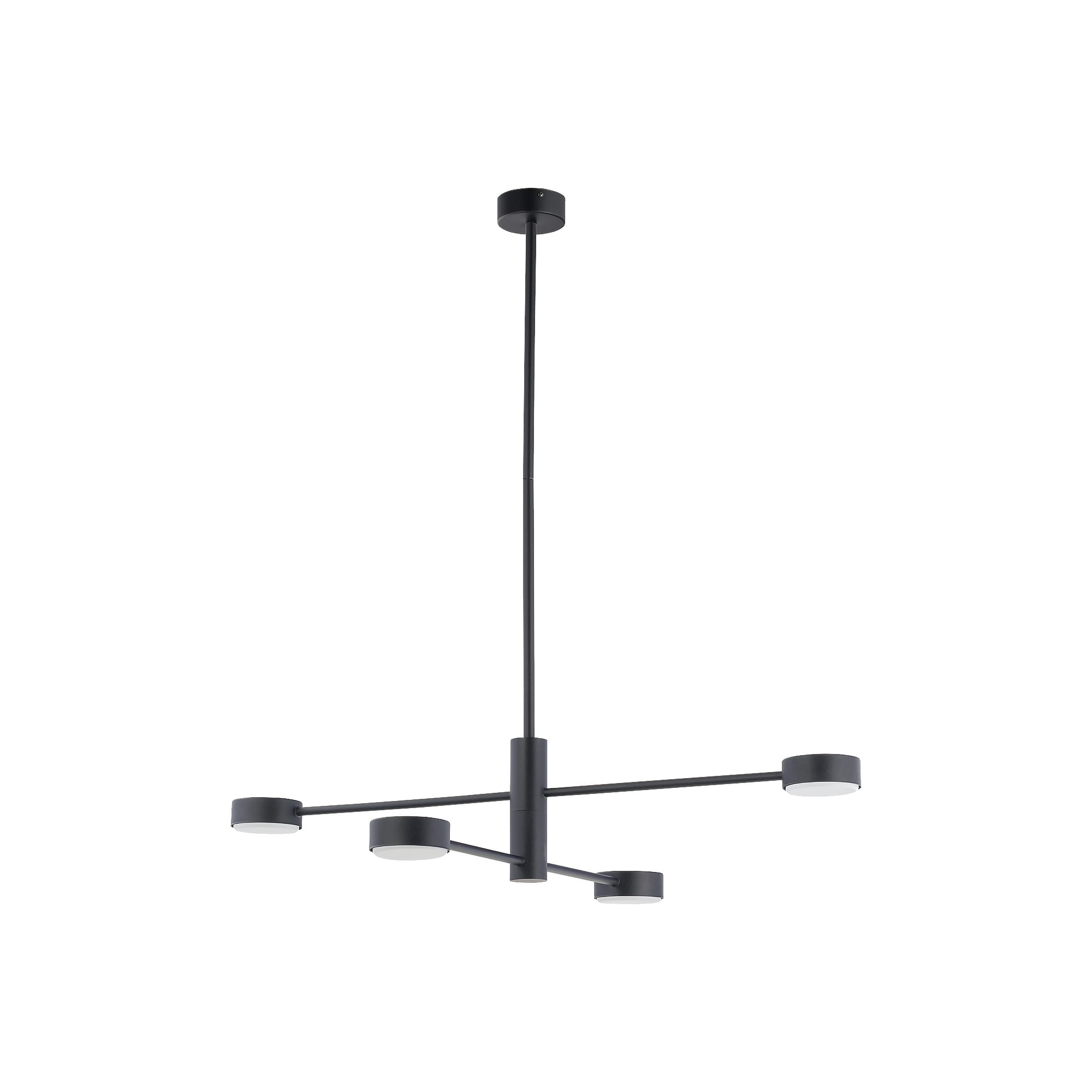 Czarna lampa wisząca Orbit z czterema punktami świetlnymi GX53. Prosta konstrukcja z cienkimi ramionami, zawieszona na długim przegubie. Elementy o okrągłym kształcie, umieszczone w równych odstępach, tworzą minimalistyczny design.