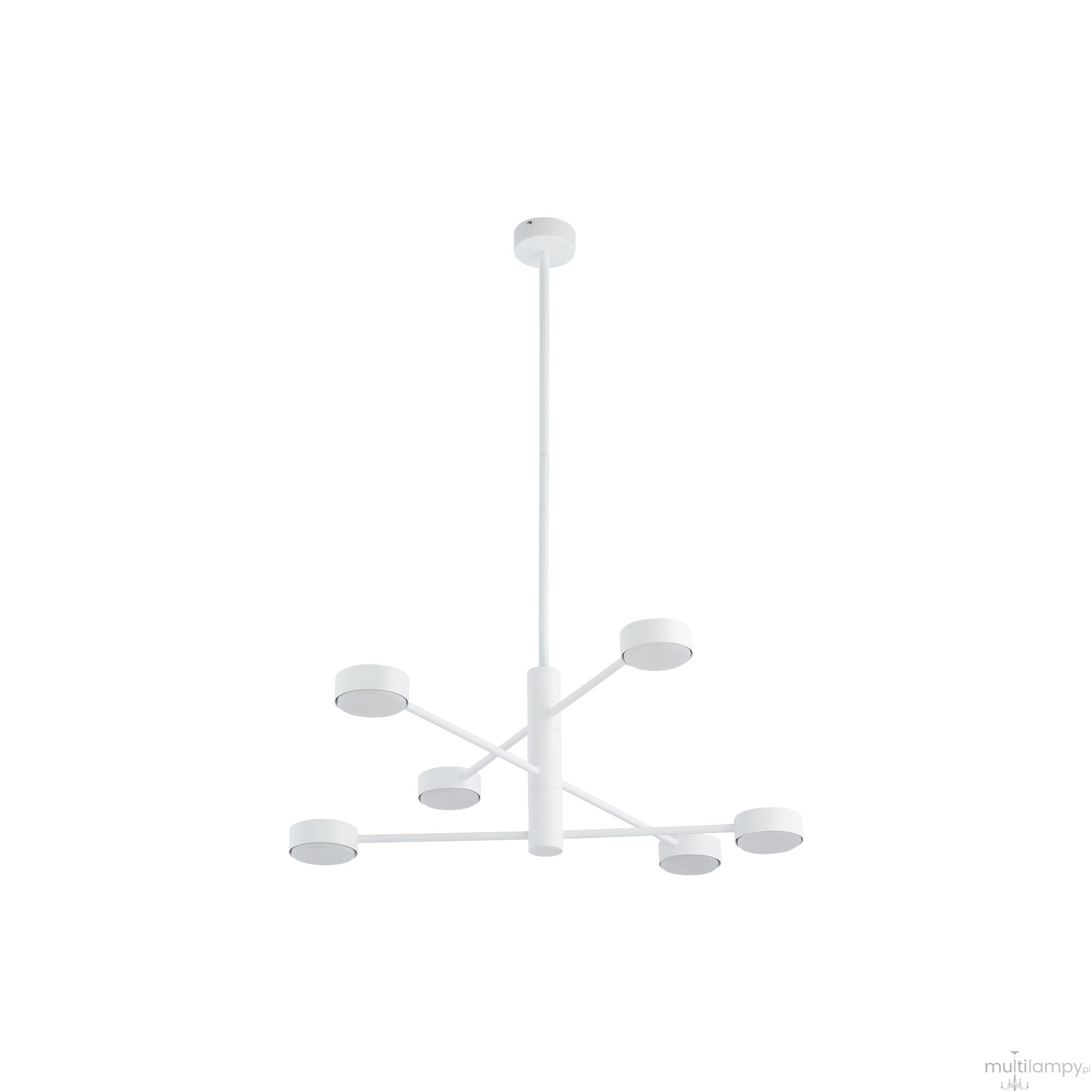 Lampa wisząca Orbit 6xGX53 w kolorze białym, z sześcioma okrągłymi kloszami zamocowanymi na prostych ramionach. Wisi na długiej, cienkiej lince, idealna do nowoczesnych wnętrz.