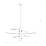 Lampa wisząca Orbit w kolorze białym z sześcioma oprawami GX53. Produkt ma regulowaną wysokość 85 cm oraz średnicę 84,5 cm. Ujęcie z góry pokazuje rozłożenie ramion oraz stylowy, minimalistyczny design.