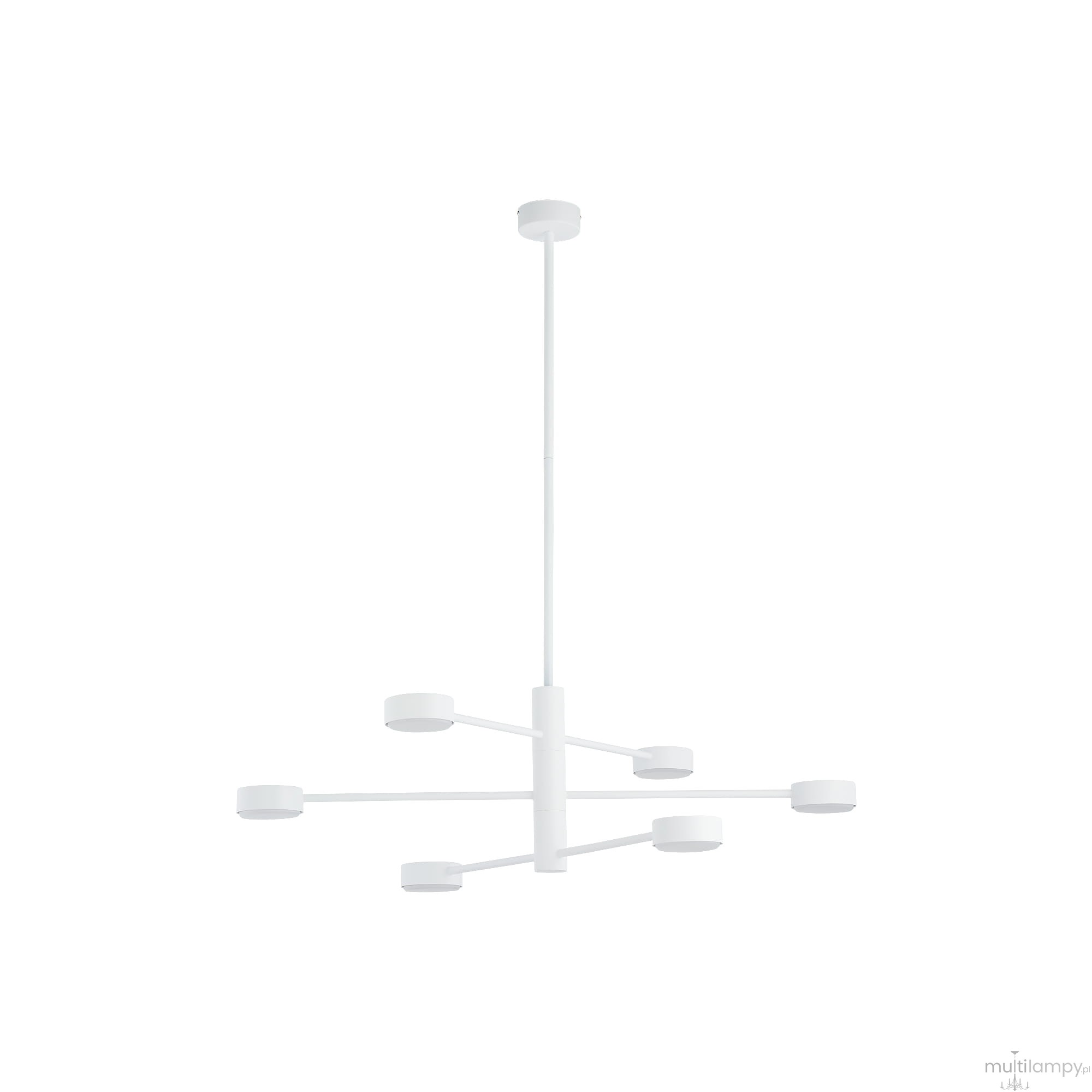 Biała lampa wisząca Orbit z sześcioma źródłami światła GX53, o nowoczesnym, minimalistycznym designie. Produkt zawieszony na cienkim, białym przewodzie, z równomiernie rozmieszczonymi okrągłymi kloszami.