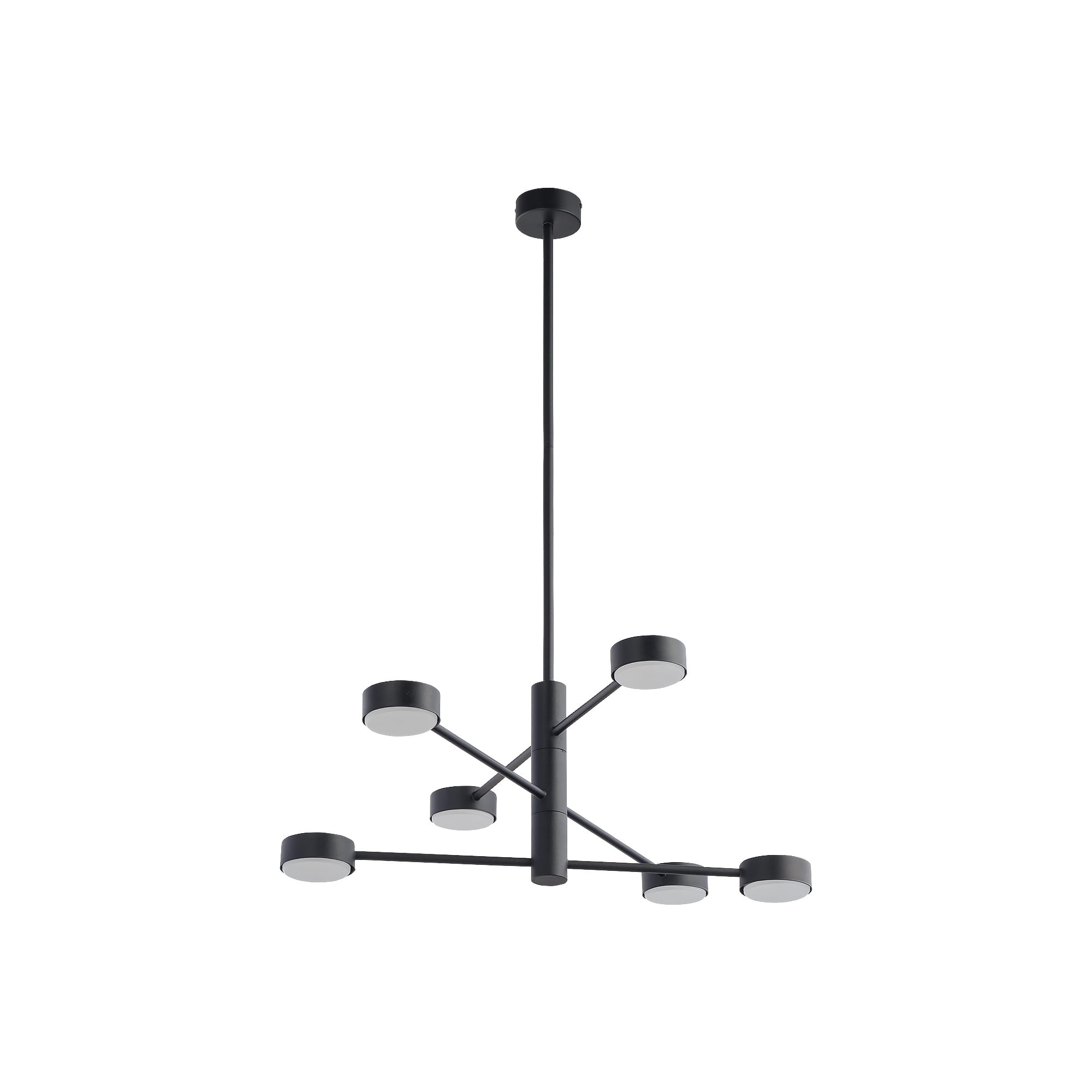 Czarna lampa wisząca Orbit z sześcioma oprawami GX53, o minimalistycznym designie. Elementy umieszczone na ramionach w różnych kierunkach, zawieszona na cienkim kablu, idealna do nowoczesnych wnętrz.