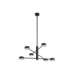 Czarna lampa wisząca Orbit z sześcioma oprawami GX53, o minimalistycznym designie. Elementy umieszczone na ramionach w różnych kierunkach, zawieszona na cienkim kablu, idealna do nowoczesnych wnętrz.