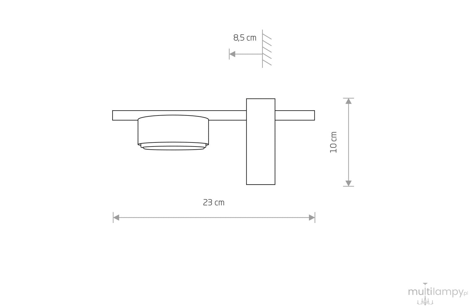Kinkiet Pills 1xGX53 w kolorze czarnym, o wymiarach 23 cm szerokości, 10 cm wysokości i 8,5 cm głębokości. Zawiera okrągły klosz i prostokątny uchwyt. Prosty, minimalistyczny design, idealny do nowoczesnych wnętrz.
