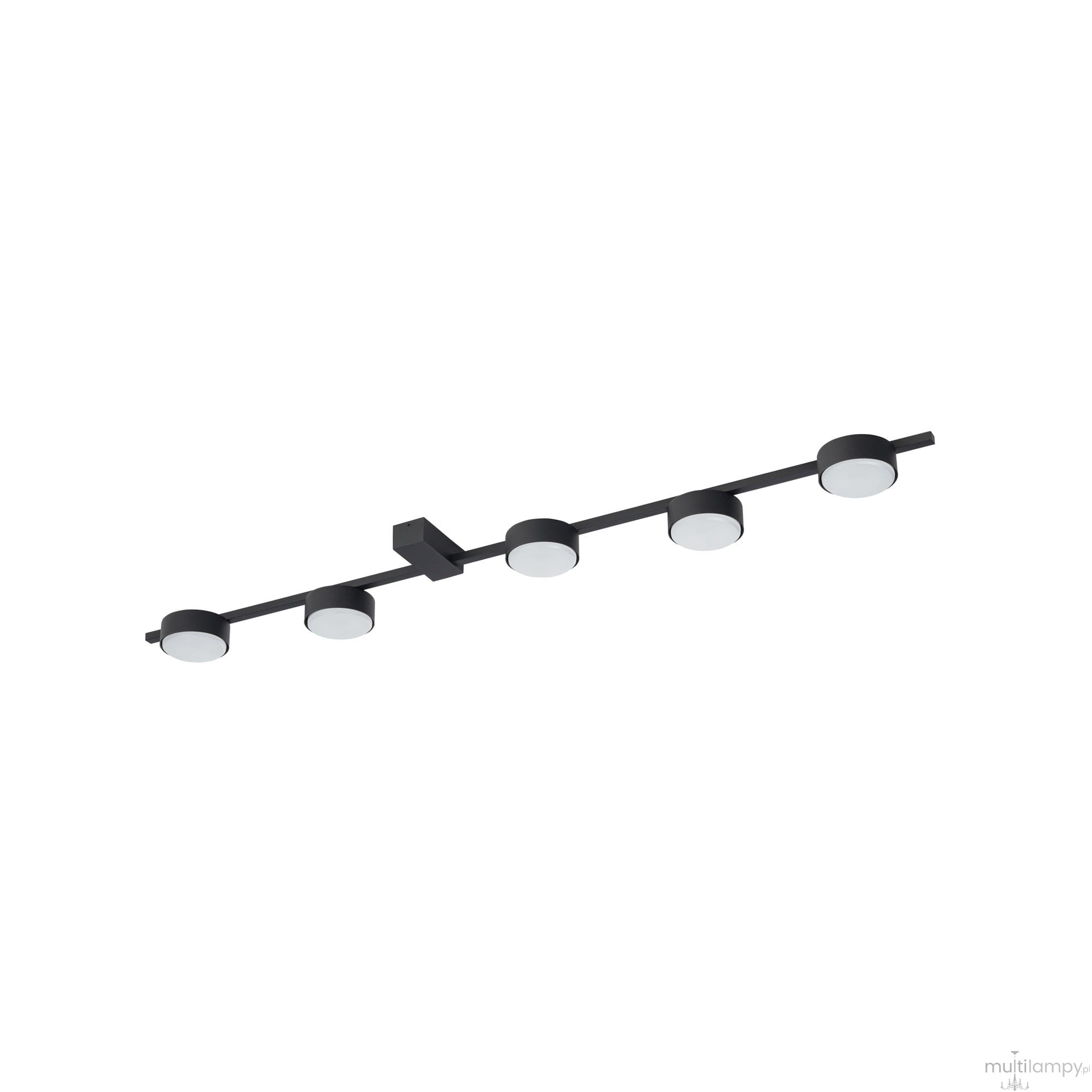 Czarna lampa sufitowa Orbit z pięcioma okrągłymi źródłami światła GX53. Ułożona poziomo, z minimalistycznym designem. Kluczowe elementy to prosta półka i gładkie, matowe klosze, które emitują równomierne światło.