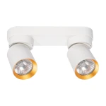 Lampa sufitowa Andy z dwoma punktami świetlnymi, biała z złotymi akcentami. Kształt cylindryczny, zamontowana na prostokątnej podstawie. Ujęcie frontalne, z widocznymi detalami reflektorów.